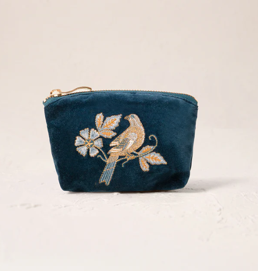 Elizabeth Scarlett Ink Blue Velvet Coin Purse - Botanical Birds