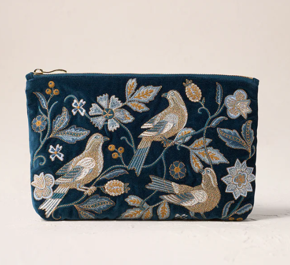 Elizabeth Scarlett Ink Blue Velvet Everyday Pouch - Botanical Birds