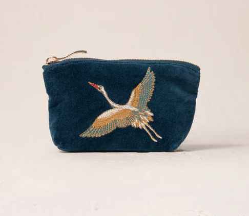 Elizabeth Scarlett Ink Blue Velvet Coin Purse - Cranes