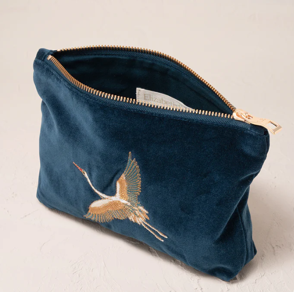 Elizabeth Scarlett Ink Blue Velvet Mini Pouch - Cranes