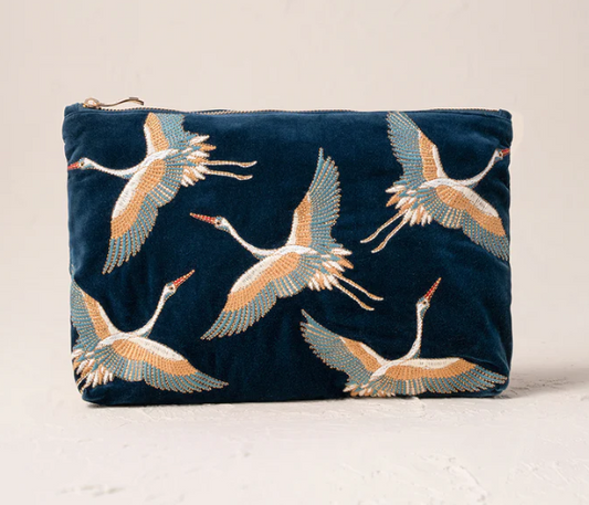 Elizabeth Scarlett Ink Blue Velvet Everyday Pouch - Cranes