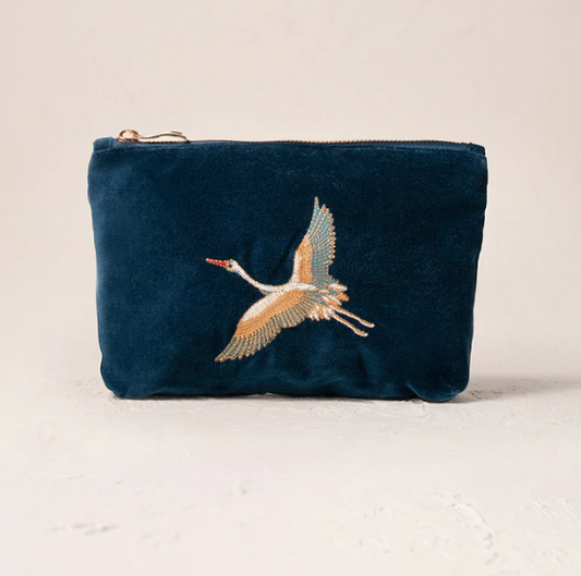 Elizabeth Scarlett Ink Blue Velvet Mini Pouch - Cranes