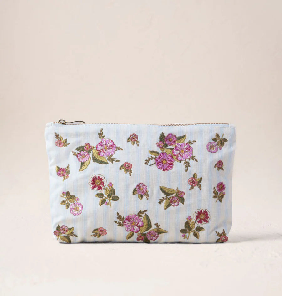 Elizabeth Scarlett Floral Bouquet Stripe/Blue Canvas Everyday Pouch