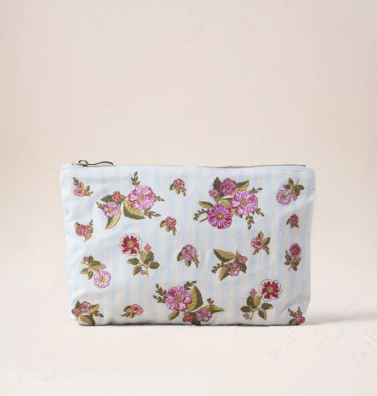 Elizabeth Scarlett Floral Bouquet Stripe/Blue Canvas Everyday Pouch