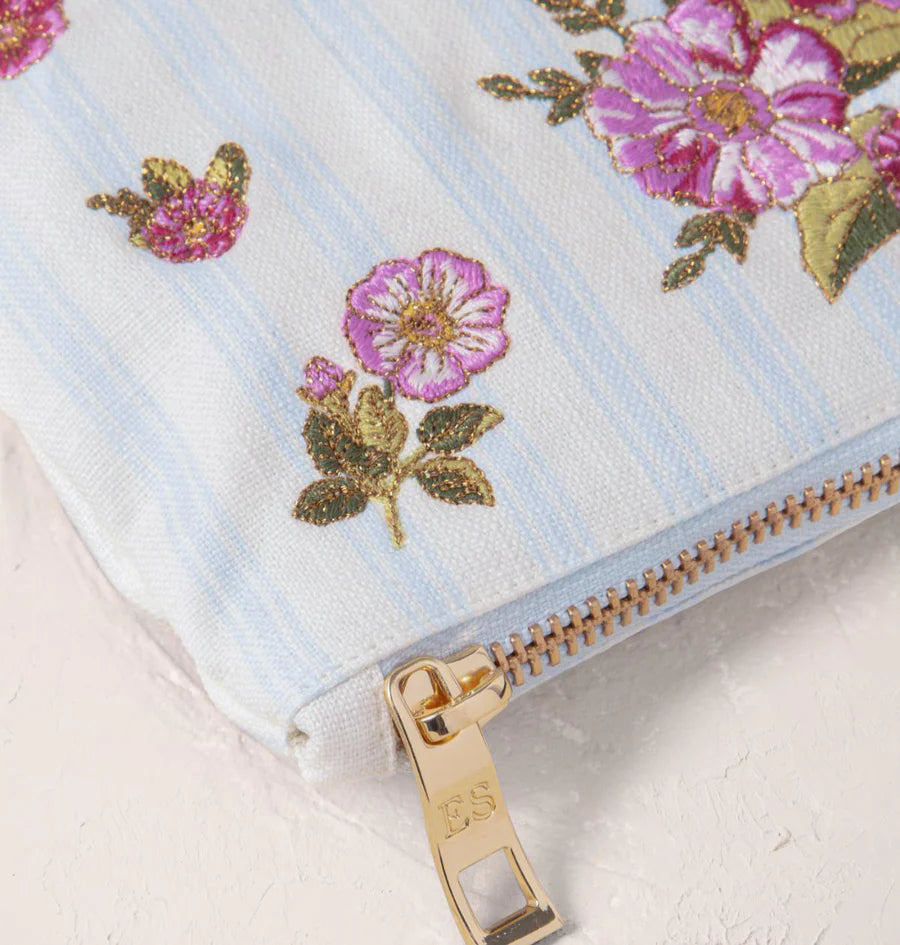 Elizabeth Scarlett Floral Bouquet Stripe/Blue Canvas Everyday Pouch