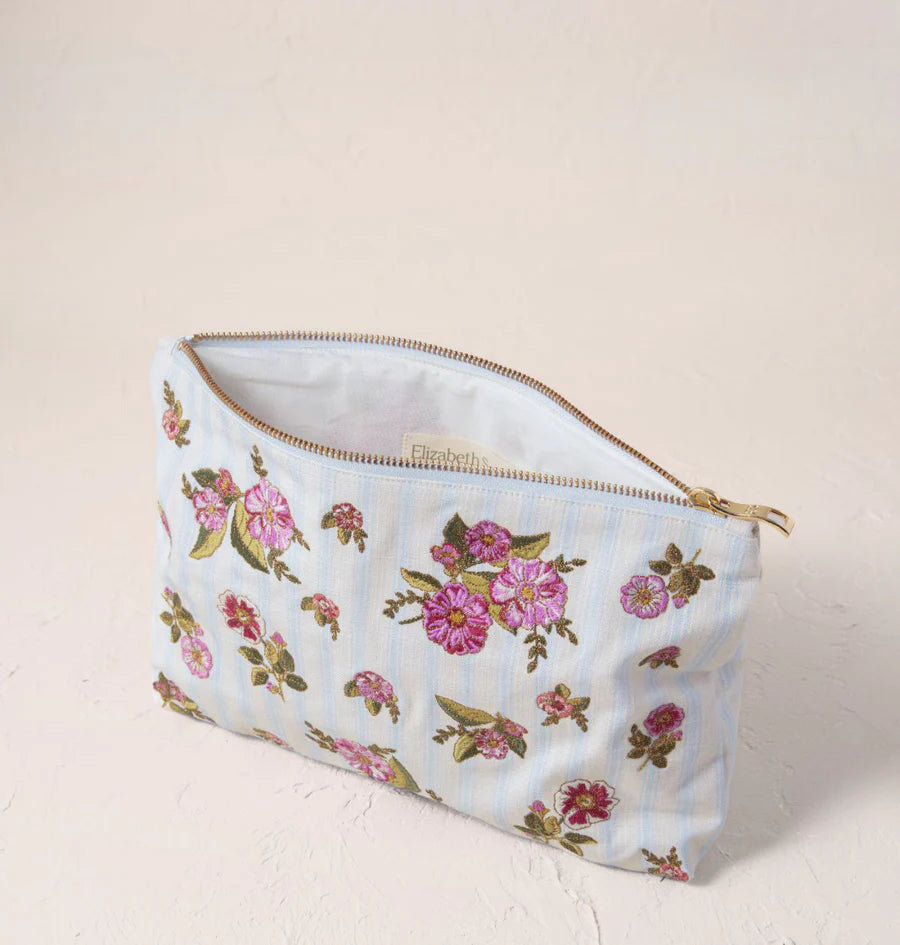 Elizabeth Scarlett Floral Bouquet Stripe/Blue Canvas Everyday Pouch