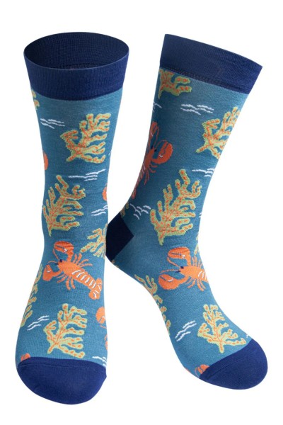 MSH Mens Bamboo Socks Red Lobsters Ocean Animal Socks Blue