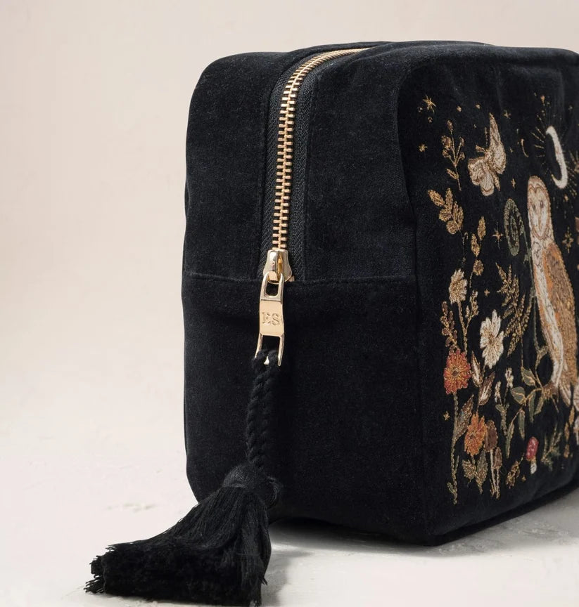 Elizabeth Scarlett Charcoal Velvet Wash Bag - Mystical Owl