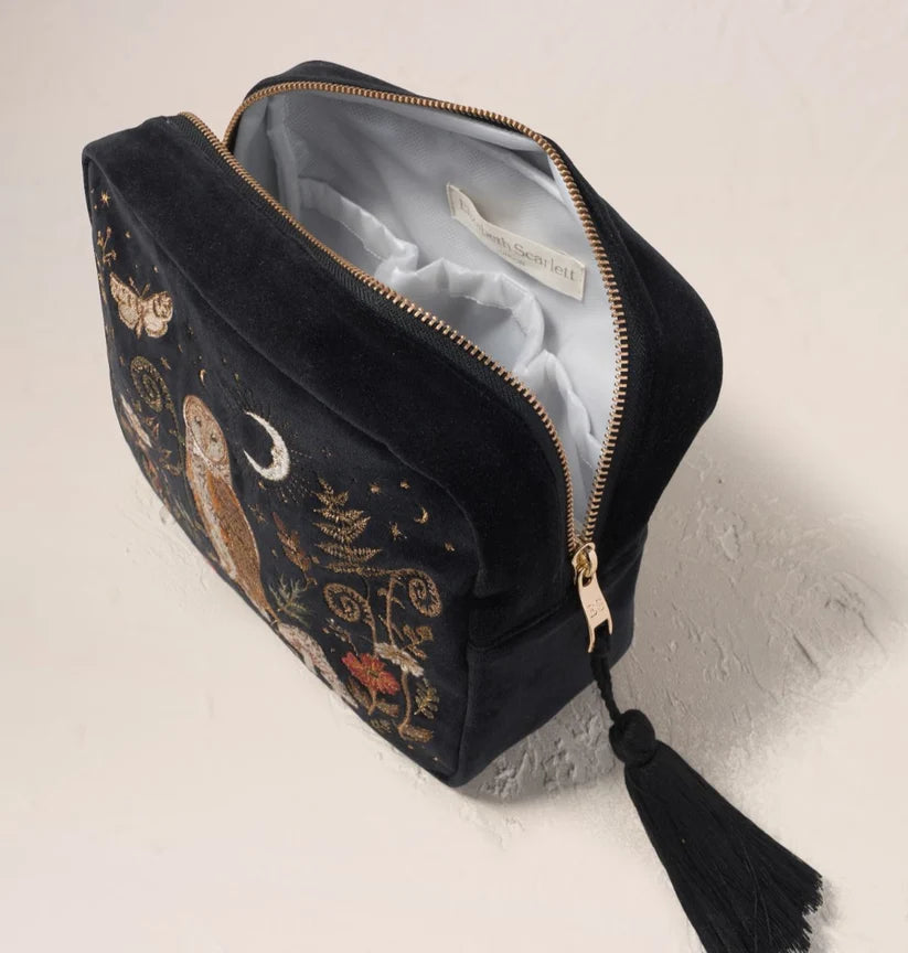 Elizabeth Scarlett Charcoal Velvet Wash Bag - Mystical Owl