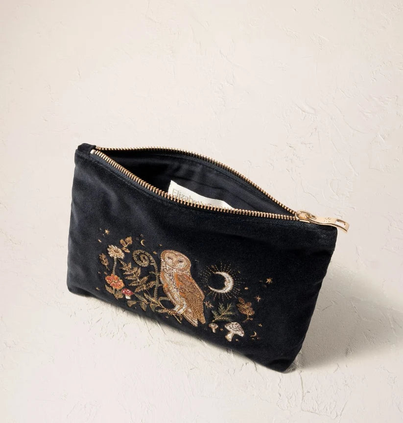 Elizabeth Scarlett Charcoal Velvet Mini Pouch - Mystical Owl