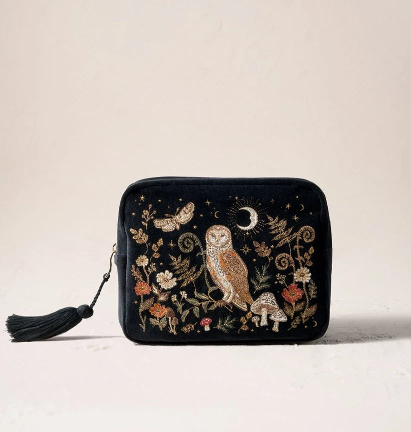Elizabeth Scarlett Charcoal Velvet Wash Bag - Mystical Owl