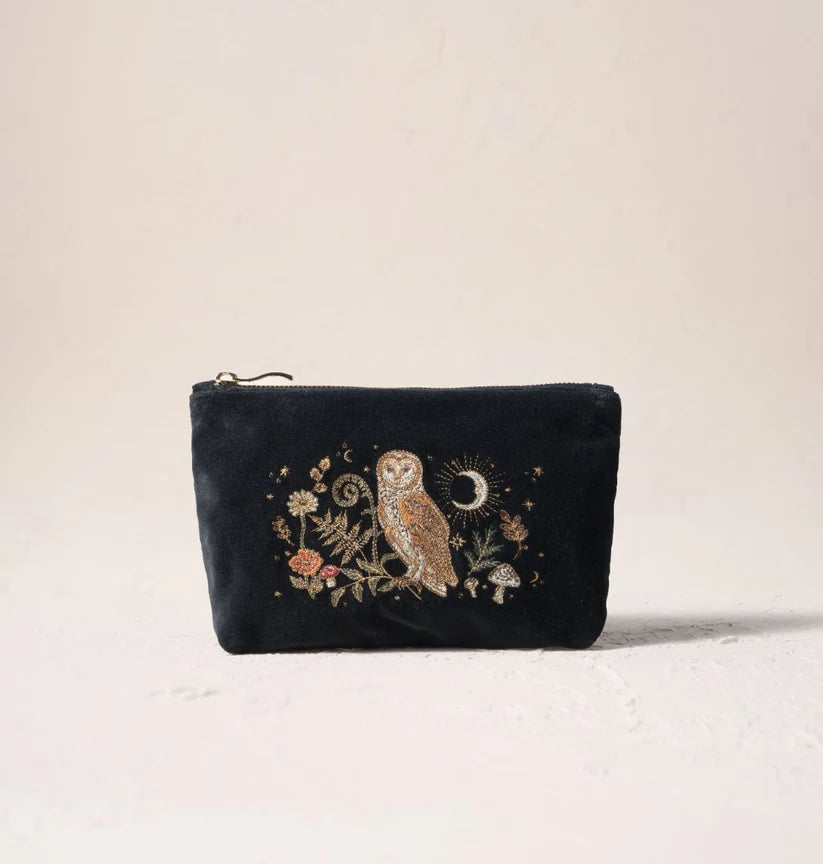 Elizabeth Scarlett Charcoal Velvet Mini Pouch - Mystical Owl