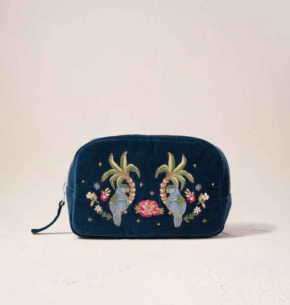 Elizabeth Scarlett Velvet Makeup Bag Ink Blue - Tropical Parrot