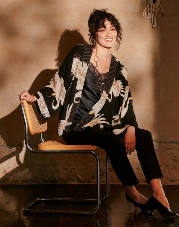 One Hundred Stars Stork Black Crepe Kimono
