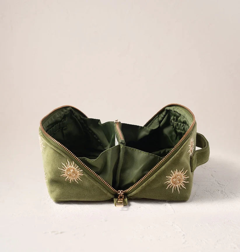 Elizabeth Scarlett Fern Green Velvet Open Flat Make Up Bag