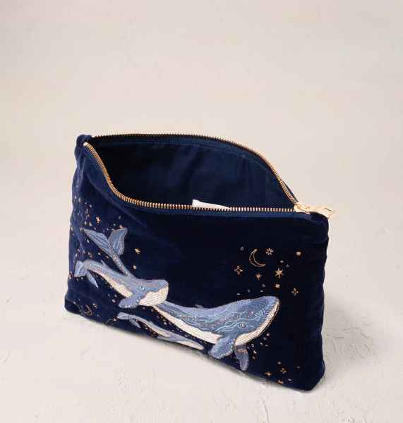 Elizabeth Scarlett Velvet Everyday Pouch Navy - Mystical Whale
